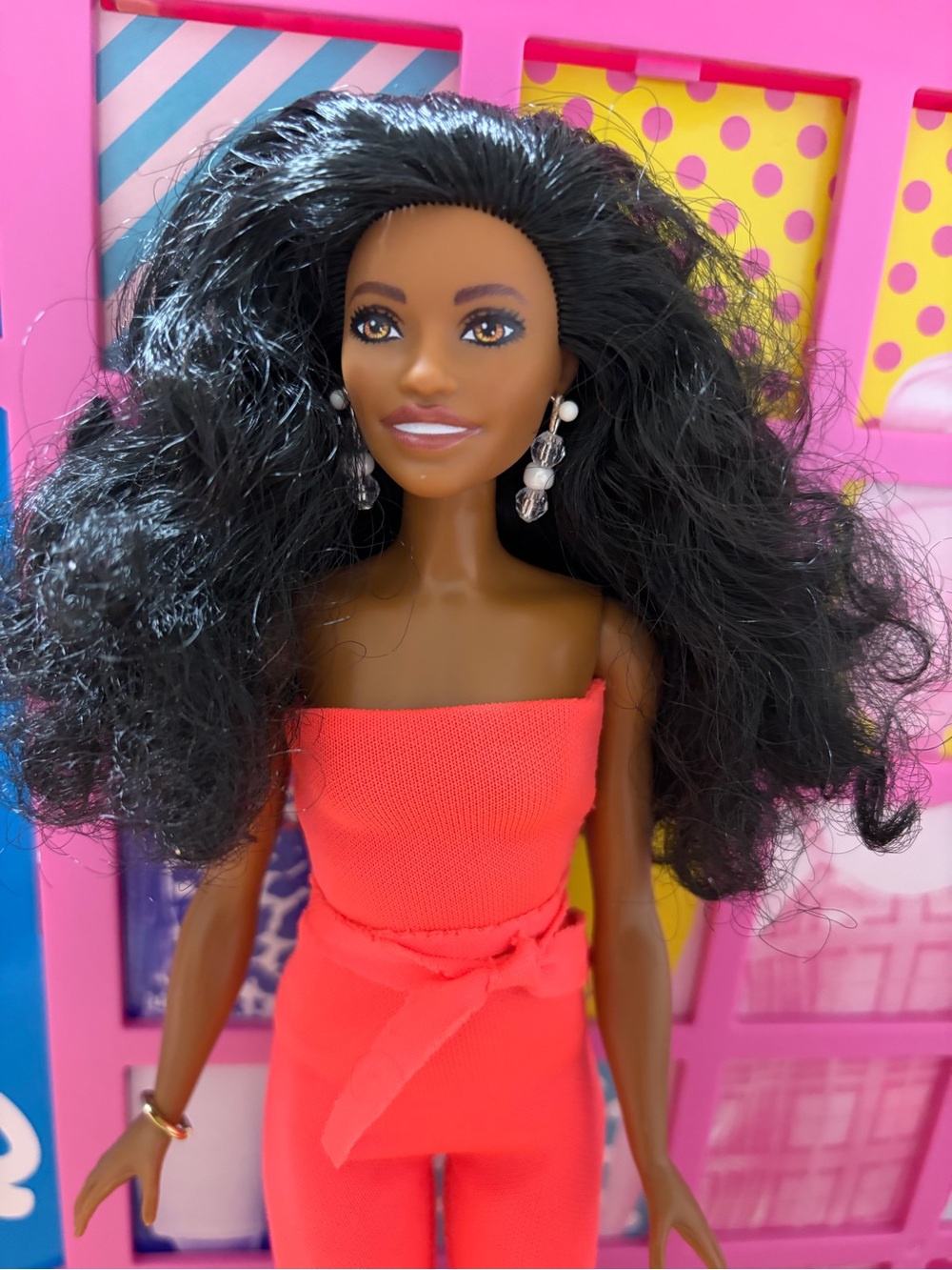 Barbie Strapless Jumpsuit in Bright Coral